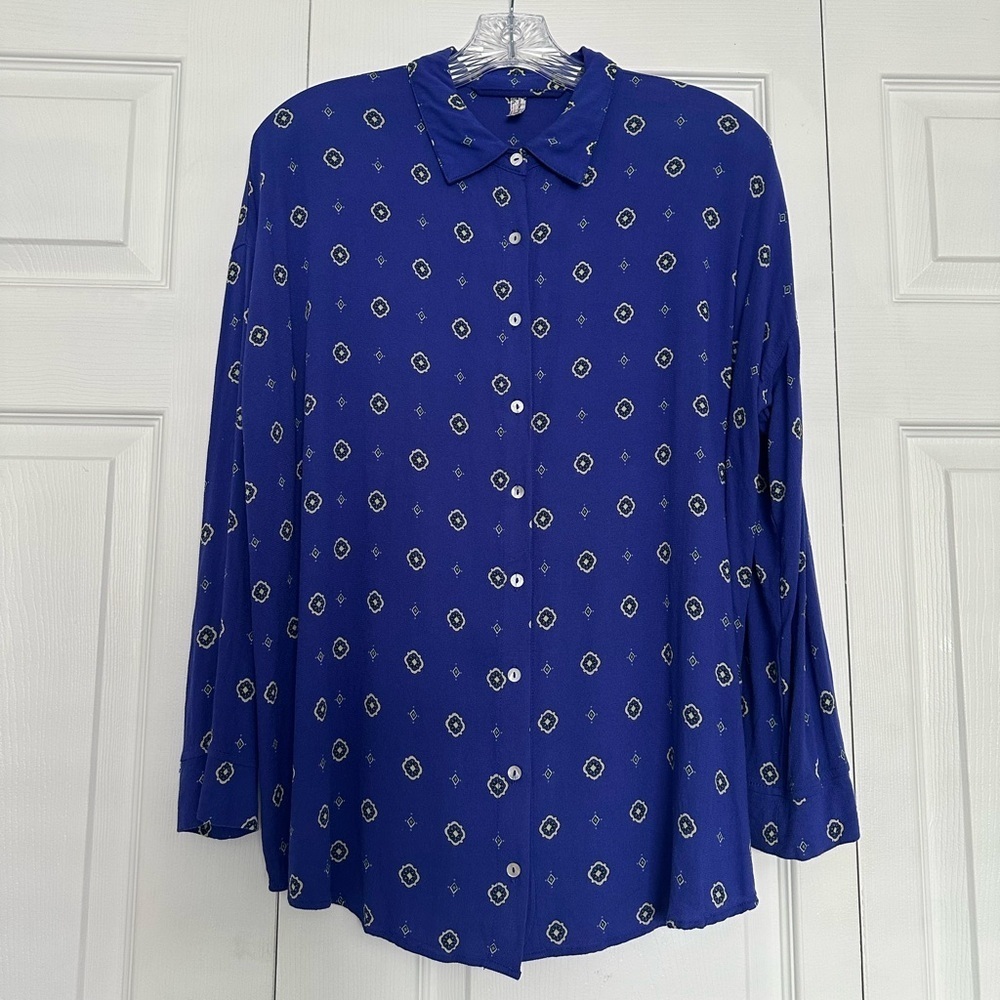 Free People Intimately Blue Printed Long Sleeve Button Front Shirt - Picture 2 of 5